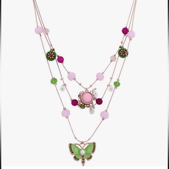 BETSEY JOHNSON Triple Layer Illusion Necklace with Green Butterfly & Baubles NWT - Picture 1 of 8